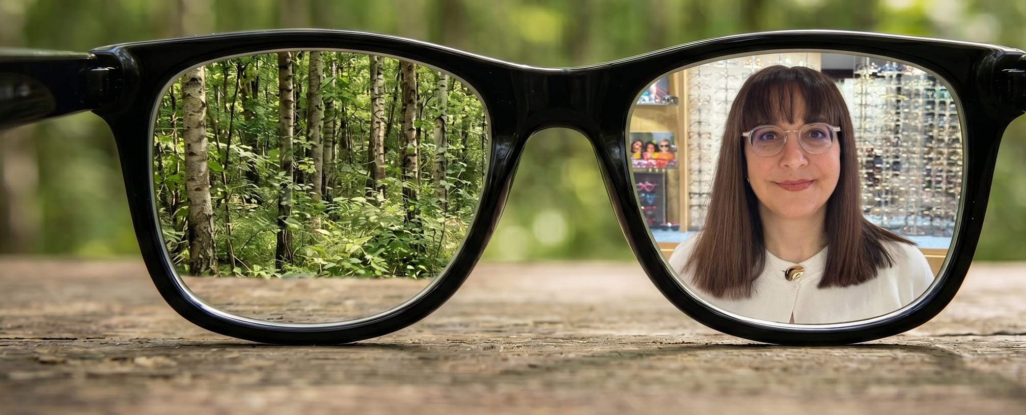 A forest brought into sharp focus through a pair of glasses, with optometrist Ariella Meyerowitz in the right lens